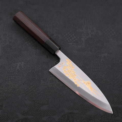 Deba White steel #2 Kasumi Chokin Gold Sakura-Fuji Buffalo Ebony Handle 165mm-White steel #2-Kasumi-Japanese Handle-[Musashi]-[Japanese-Kitchen-Knives]