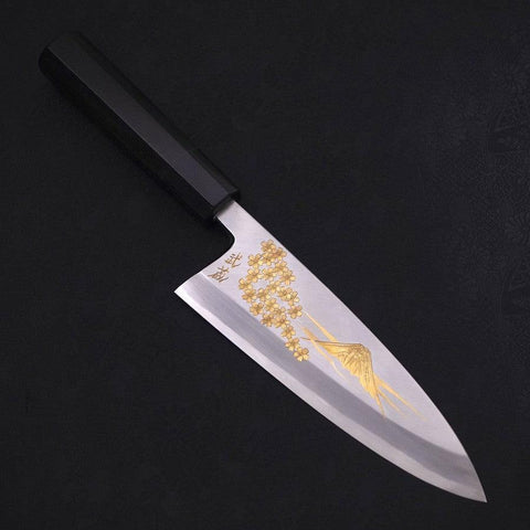 Deba White steel #2 Kasumi Chokin Gold Sakura-Fuji Buffalo Ebony Handle 180mm-White steel #2-Kasumi-Japanese Handle-[Musashi]-[Japanese-Kitchen-Knives]