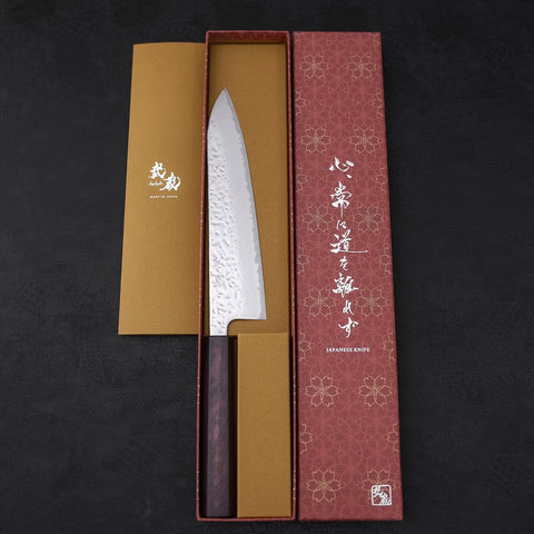 Gyuto AUS-10 Mirror Tsuchime Damascus Purple Urushi Handle 210mm-AUS-10-Damascus-Japanese Handle-[Musashi]-[Japanese-Kitchen-Knives]