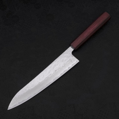 Gyuto AUS-10 Nashiji Damascus Purple Urushi Handle 210mm-AUS-10-Damascus-Japanese Handle-[Musashi]-[Japanese-Kitchen-Knives]