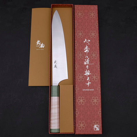 Gyuto AUS-10 Polished Maple Green Handle 240mm-AUS-10-Polished-Japanese Handle-[Musashi]-[Japanese-Kitchen-Knives]