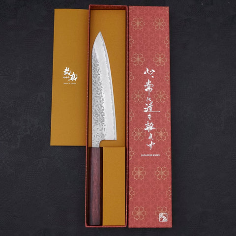 Gyuto AUS-10 Tsuchime Damascus Purple Urushi Handle 210mm-AUS-10-Damascus-Japanese Handle-[Musashi]-[Japanese-Kitchen-Knives]