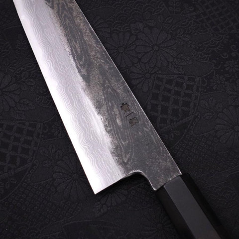 Gyuto Blue steel #1 Kurouchi Suminagashi Buffalo Ebony Handle 200mm-Blue steel #1-Damascus-Japanese Handle-[Musashi]-[Japanese-Kitchen-Knives]