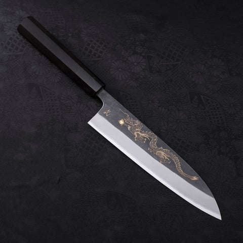 Gyuto Blue steel #2 Kurouchi Stainless Clad Chokin Dragon Buffalo Ebony Handle 180mm-Blue steel #2-Kurouchi-Japanese Handle-[Musashi]-[Japanese-Kitchen-Knives]