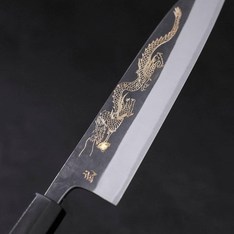 Gyuto Blue steel #2 Kurouchi Stainless Clad Chokin Dragon Buffalo Ebony Handle 180mm-[Musashi]-[Japanese-Kitchen-Knives]