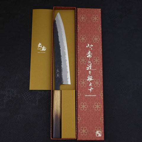 Gyuto Stainless Clad Blue Super Kurouchi Nashiji Yaki Urushi Handle 240mm-Blue Super-Kurouchi-Japanese Handle-[Musashi]-[Japanese-Kitchen-Knives]