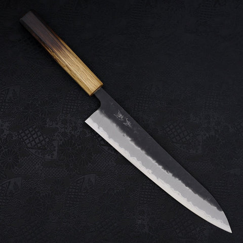 Gyuto Stainless Clad Blue Super Kurouchi Nashiji Yaki Urushi Handle 240mm-Blue Super-Kurouchi-Japanese Handle-[Musashi]-[Japanese-Kitchen-Knives]