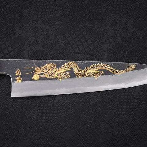 Gyuto White steel #2 Kurouchi Chokin Dragon Buffalo Ebony Handle 210mm-White steel #2-Kurouchi-Japanese Handle-[Musashi]-[Japanese-Kitchen-Knives]