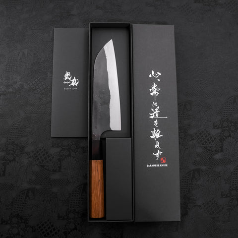 Santoku Blue steel #2 Kurouchi Damascus Buffalo Teak Handle 165mm