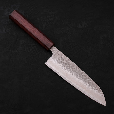 Santoku AUS-10 Tsuchime Damascus Purple Urushi Handle 165mm