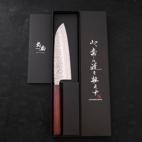 Santoku AUS-10 Tsuchime Damascus Purple Urushi Handle 165mm