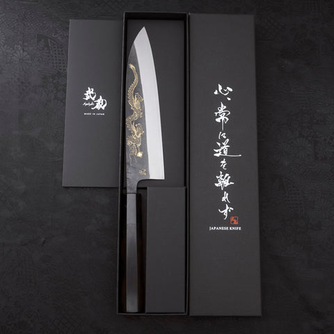 Gyuto Blue steel #2 Kurouchi Stainless Clad Chokin Dragon Buffalo Ebony Handle 180mm