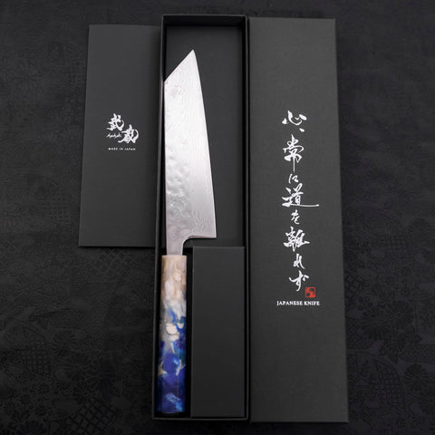 Bunka AUS-10 Nashiji Damascus Mirror Ocean White Blue Handle 170mm