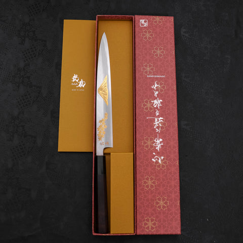 柳刃 片刃 白紙2号 霞 桜 富士 黒檀水牛柄 240mm