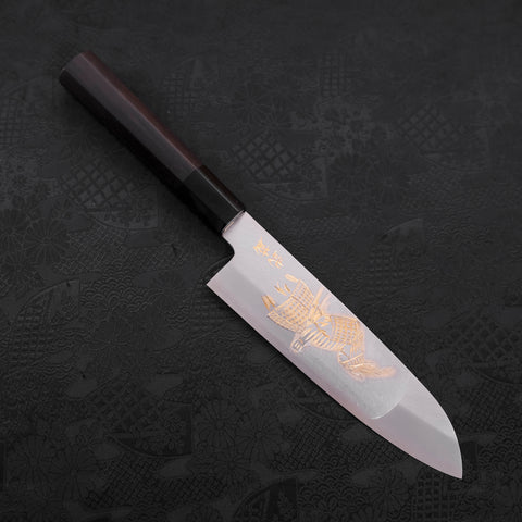 Santoku Silver Steel #3 Kasumi Chokin Samurai Full Moon Buffalo Ebony Handle 170mm