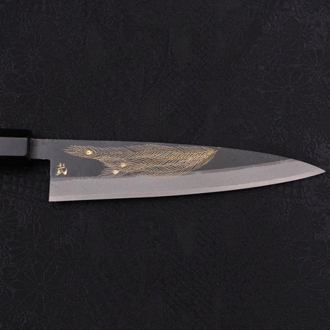 Koyanagi White steel #2 Kurouchi Chokin Peacock Feathers Buffalo Ebony Handle 135mm-White steel #2-Kurouchi-Japanese Handle-[Musashi]-[Japanese-Kitchen-Knives]