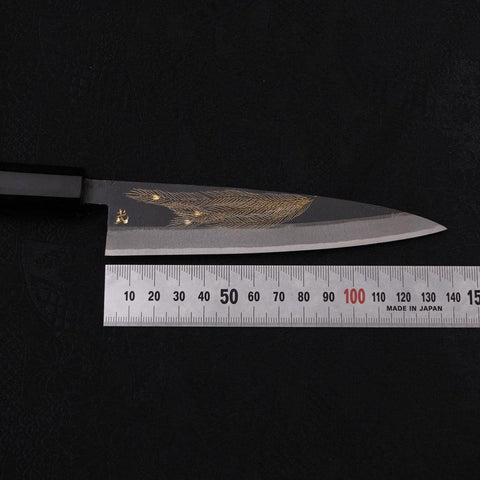 Koyanagi White steel #2 Kurouchi Chokin Peacock Feathers Buffalo Ebony Handle 135mm-White steel #2-Kurouchi-Japanese Handle-[Musashi]-[Japanese-Kitchen-Knives]