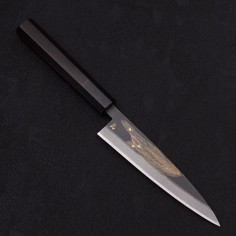 Koyanagi White steel #2 Kurouchi Chokin Peacock Feathers Buffalo Ebony Handle 135mm-White steel #2-Kurouchi-Japanese Handle-[Musashi]-[Japanese-Kitchen-Knives]