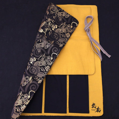 Musashi Japanese Style Kitchen Knife Roll Gold Dragon Tiger 4 Pockets Handmade-[Musashi]-[Japanese-Kitchen-Knives]