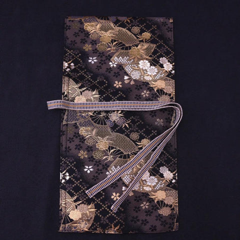 Musashi Japanese Style Kitchen Knife Roll Gold Sakura&Fan 1 Pocket Handmade-[Musashi]-[Japanese-Kitchen-Knives]