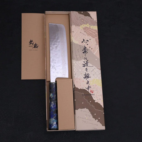 Nakiri AUS-10 Nashiji Damascus Ocean Fireworks Handle 165mm-AUS-10-Damascus-Ocean Handle-[Musashi]-[Japanese-Kitchen-Knives]