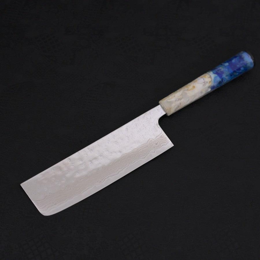 Nakiri AUS-10 Nashiji Damascus Ocean White Blue Handle 165mm-AUS-10-Damascus-Ocean Handle-[Musashi]-[Japanese-Kitchen-Knives]