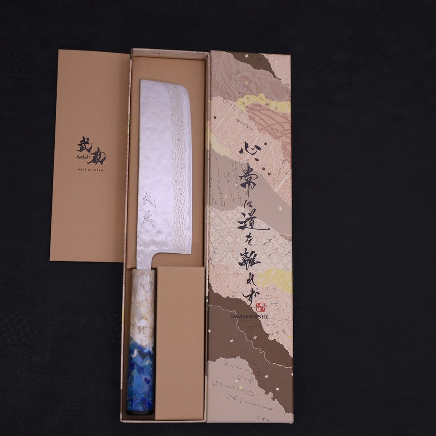 Nakiri AUS-10 Nashiji Damascus Ocean White Blue Handle 165mm-AUS-10-Damascus-Ocean Handle-[Musashi]-[Japanese-Kitchen-Knives]