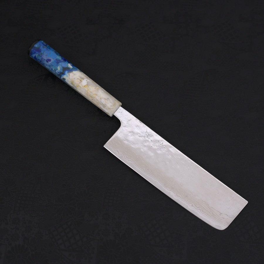 Nakiri AUS-10 Nashiji Damascus Ocean White Blue Handle 165mm-AUS-10-Damascus-Ocean Handle-[Musashi]-[Japanese-Kitchen-Knives]