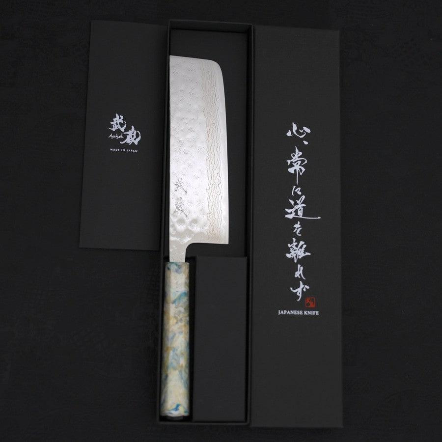 Nakiri AUS-10 Nashiji Damascus Ocean White Mix Handle 165mm-AUS-10-Damascus-Ocean Handle-[Musashi]-[Japanese-Kitchen-Knives]