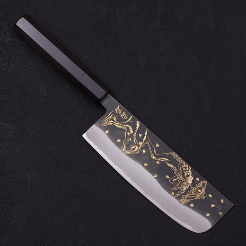 Nakiri Blue steel #2 Kurouchi Chokin Kappa Frog Buffalo Ebony Handle 165mm-Blue steel #2-Kurouchi-Japanese Handle-[Musashi]-[Japanese-Kitchen-Knives]