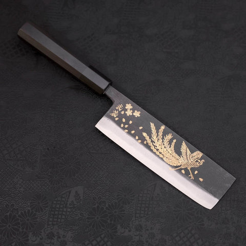 Nakiri White steel #2 Kurouchi Chokin Phoenix Buffalo Ebony Handle 165mm-White steel #2-Kurouchi-Japanese Handle-[Musashi]-[Japanese-Kitchen-Knives]