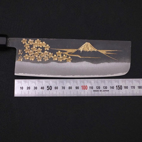 Nakiri White steel #2 Kurouchi Chokin Sakura-Fuji Buffalo Ebony Handle 165mm-White steel #2-Kurouchi-Japanese Handle-[Musashi]-[Japanese-Kitchen-Knives]