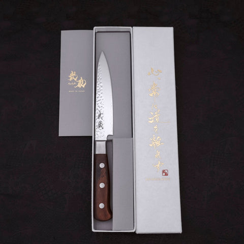 Petty VG-10 Mirror Tsuchime Damascus Mahogany Handle 135mm-VG-10-Damascus-Western Handle-[Musashi]-[Japanese-Kitchen-Knives]