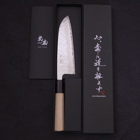 Santoku AUS-10 Mirror Tsuchime Damascus Buffalo Magnolia Handle 165mm-AUS-10-Damascus-Japanese Handle-[Musashi]-[Japanese-Kitchen-Knives]