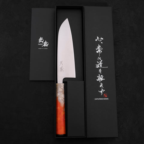 Santoku AUS-10 Polished Ocean Orange&White Handle 165mm-AUS-10-Polished-Japanese Handle-[Musashi]-[Japanese-Kitchen-Knives]