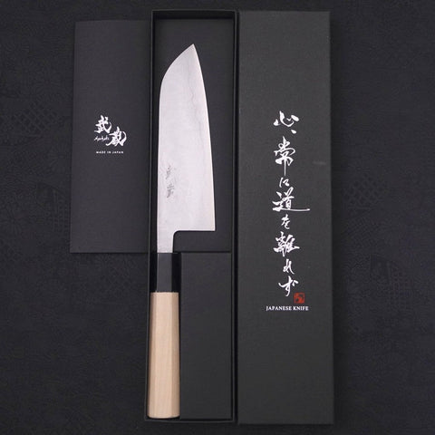 Santoku Blue Super Damascus Buffalo Magnolia Handle 165mm-Blue Super-Damascus-Japanese Handle-[Musashi]-[Japanese-Kitchen-Knives]