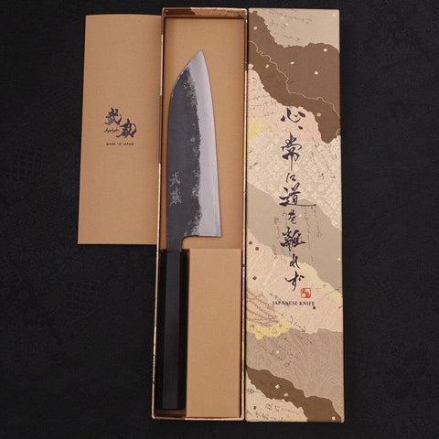 Santoku Blue Super Kurouchi Buffalo Ebony Handle 165mm-Blue Super-Kurouchi-Japanese Handle-[Musashi]-[Japanese-Kitchen-Knives]