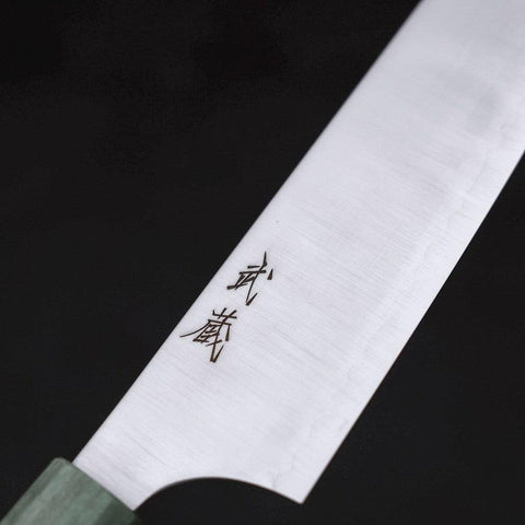 Santoku Blue Super Polished Maple Green Handle 180mm-Blue Super-Polished-Japanese Handle-[Musashi]-[Japanese-Kitchen-Knives]