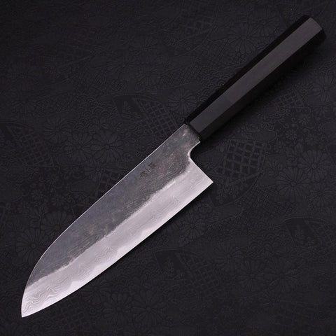 Santoku Blue steel #1 Kurouchi Suminagashi Buffalo Ebony Handle 170mm-Blue steel #1-Damascus-Japanese Handle-[Musashi]-[Japanese-Kitchen-Knives]