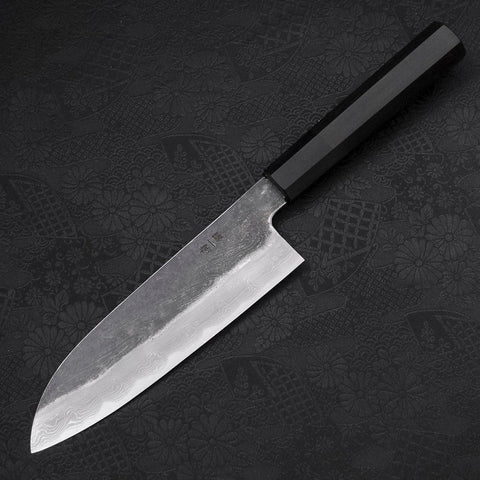 Santoku Blue steel #1 Kurouchi Suminagashi Buffalo Ebony Handle 170mm-Blue steel #1-Damascus-Japanese Handle-[Musashi]-[Japanese-Kitchen-Knives]