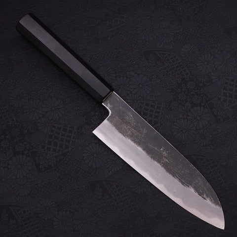 Santoku Blue steel #1 Kurouchi Suminagashi Buffalo Ebony Handle 170mm-Blue steel #1-Damascus-Japanese Handle-[Musashi]-[Japanese-Kitchen-Knives]