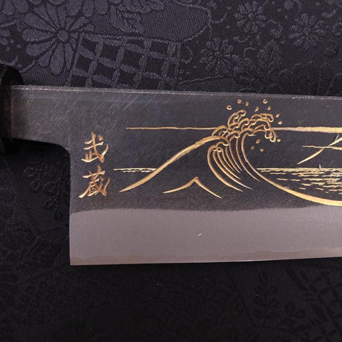 Santoku Blue steel #2 Kurouchi Chokin Nami-Fuji Buffalo Ebony Handle 170mm-Blue steel #2-Kurouchi-Japanese Handle-[Musashi]-[Japanese-Kitchen-Knives]