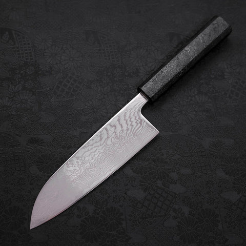 Santoku SLD Wave Nickel Damascus Black Ishime Urushi Handle 165mm-SLD-Damascus-Japanese Handle-[Musashi]-[Japanese-Kitchen-Knives]