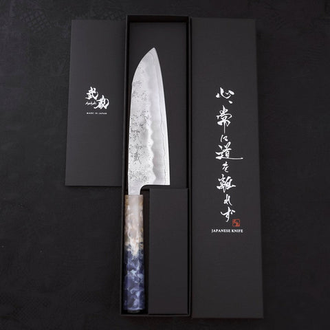 Santoku Silver Steel #3 Nashiji Ocean Blue White Handle 165mm-Silver steel #3-Nashiji-Ocean Handle-[Musashi]-[Japanese-Kitchen-Knives]