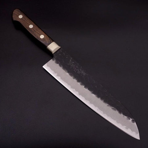 Santoku Stainless Clad Blue Super Kurouchi Tsuchime Western Handle 180mm-Blue Super-Kurouchi-Western Handle-[Musashi]-[Japanese-Kitchen-Knives]