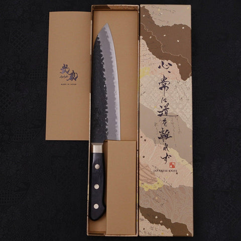 Santoku Stainless Clad Blue Super Kurouchi Tsuchime Western Handle Black 180mm-Blue Super-Kurouchi-Western Handle-[Musashi]-[Japanese-Kitchen-Knives]