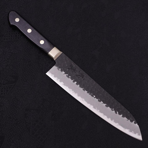 Santoku Stainless Clad Blue Super Kurouchi Tsuchime Western Handle Black 180mm-Blue Super-Kurouchi-Western Handle-[Musashi]-[Japanese-Kitchen-Knives]