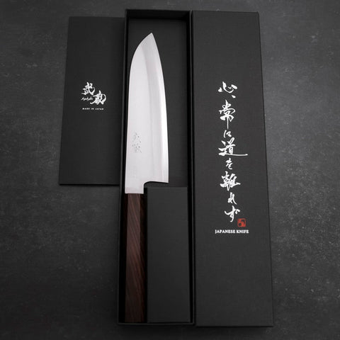 Santoku Stainless Clad Blue Super Polished Ebony Handle 180mm-Blue Super-Polished-Japanese Handle-[Musashi]-[Japanese-Kitchen-Knives]