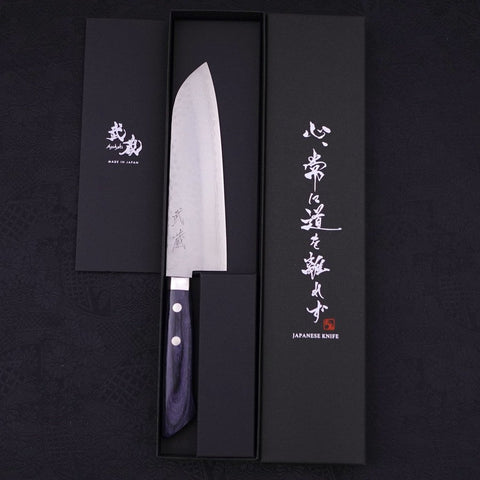 Santoku VG-10 Tsuchime Damascus Western Dark Blue Handle 170mm-VG-10-Damascus-Western Handle-[Musashi]-[Japanese-Kitchen-Knives]