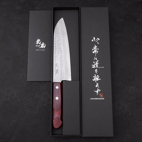 Santoku VG-10 Tsuchime Damascus Western Red Handle 180mm-VG-10-Damascus-Western Handle-[Musashi]-[Japanese-Kitchen-Knives]